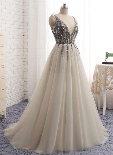 Deep V Neckline Appliques Tulle Long prom dresses Evening Dresses for Women