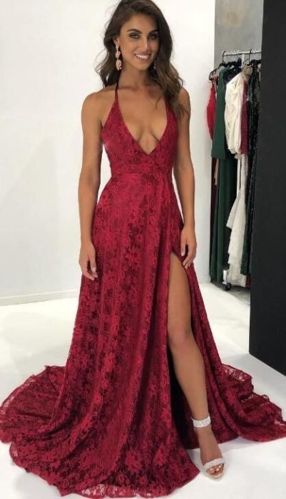Burgundy Deep V Neckline High Split Lace Long Prom Dresses Evening Dresses Prom