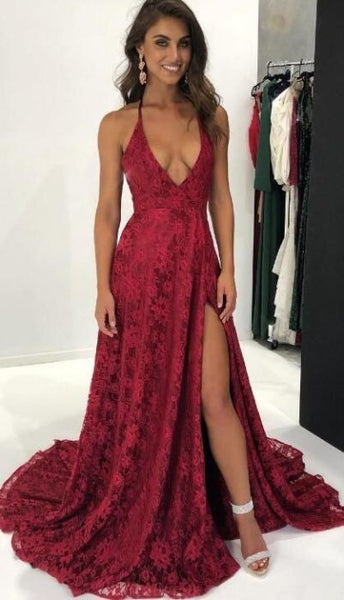 Burgundy Deep V Neckline High Split Lace Long Prom Dresses Evening Dresses Prom
