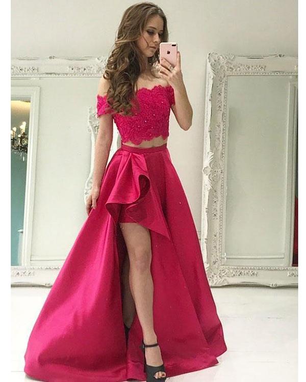 two piece red dress prom Red Sparkly Two Piece Prom Dress with High Slit SS161 Viniodress