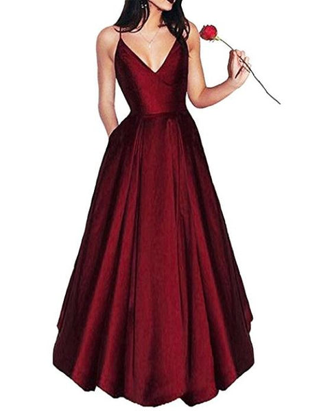 Elegant Prom Dresses V Neck Long Spaghetti Straps Satin Evening Dresses