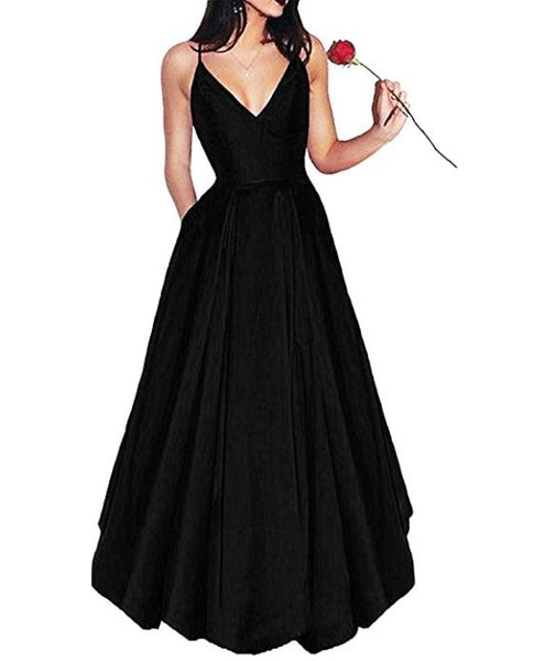 Elegant Prom Dresses V Neck Long Spaghetti Straps Satin Evening Dresses