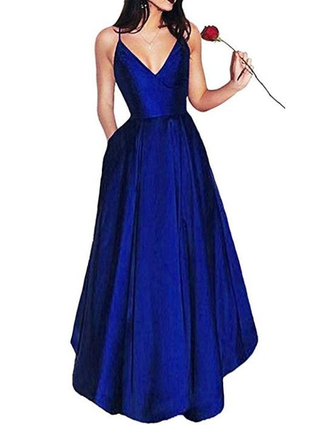 Elegant Prom Dresses V Neck Long Spaghetti Straps Satin Evening Dresses