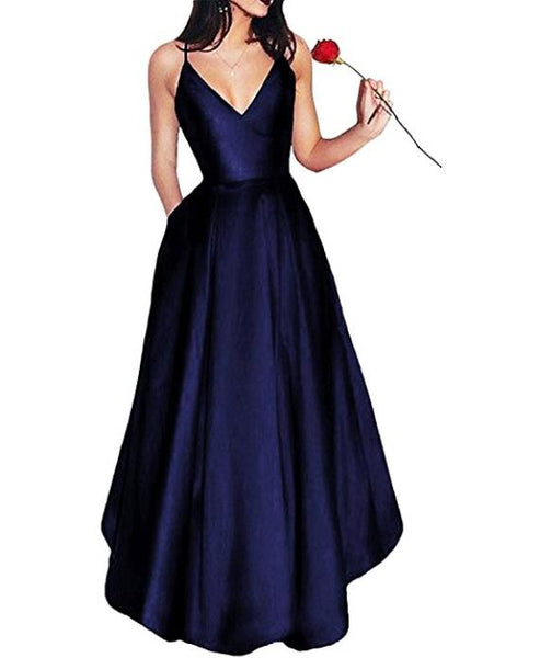 Elegant Prom Dresses V Neck Long Spaghetti Straps Satin Evening Dresses