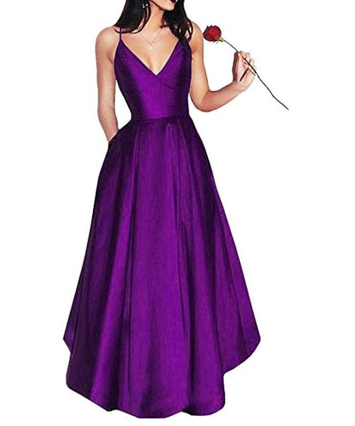 Elegant Prom Dresses V Neck Long Spaghetti Straps Satin Evening Dresses