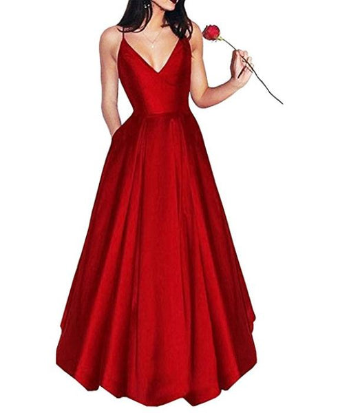 Elegant Prom Dresses V Neck Long Spaghetti Straps Satin Evening Dresses