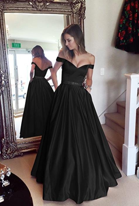 Off the Shoulder Prom Dresses Beaded With Pocket Stain Evening Dresses Prom