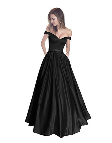 Off the Shoulder Prom Dresses Beaded With Pocket Stain Evening Dresses Prom