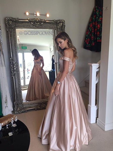 Off the Shoulder Prom Dresses Beaded With Pocket Stain Evening Dresses Prom