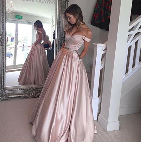 Off the Shoulder Prom Dresses Beaded With Pocket Stain Evening Dresses Prom
