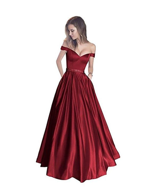 Off the Shoulder Prom Dresses Beaded With Pocket Stain Evening Dresses Prom