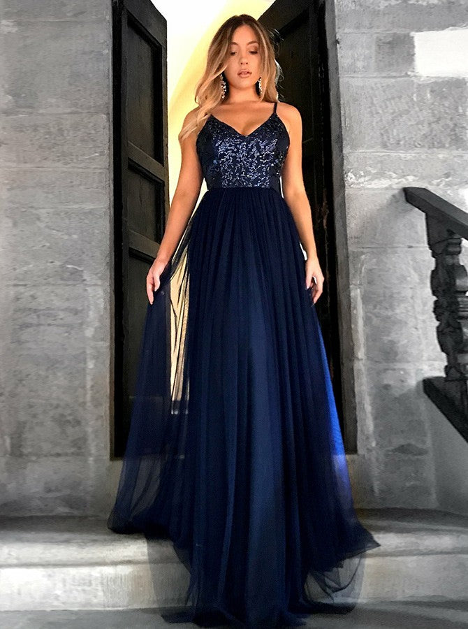 Spaghetti Straps A Line Simple Prom Dress with Sequins Navy Blue Tulle Evening Dress