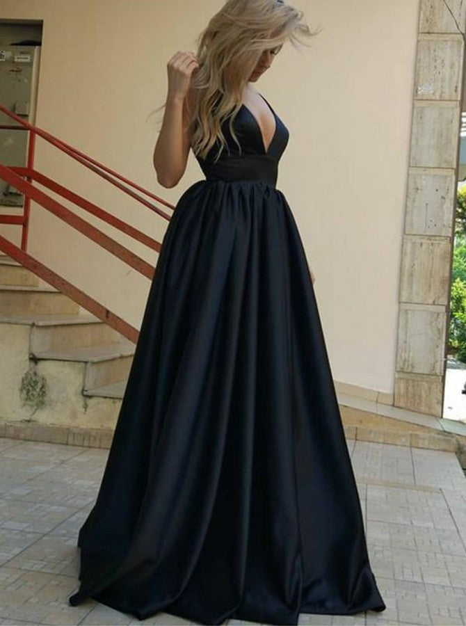 Deep V Neckline Navy Blue Long Prom Dresses Backless Evening Dresses