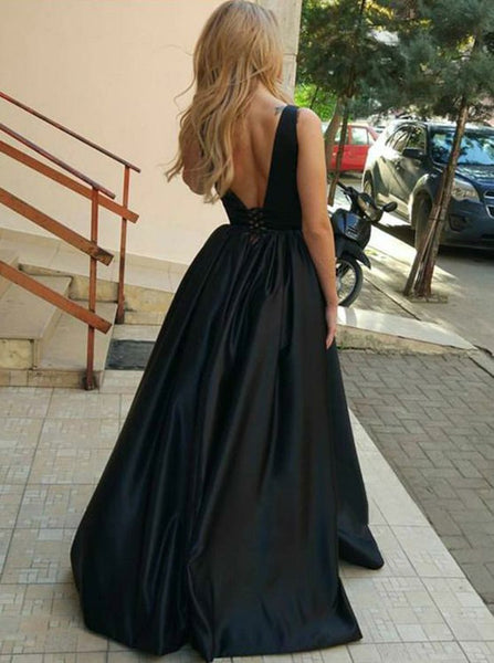 Deep V Neckline Navy Blue Long Prom Dresses Backless Evening Dresses
