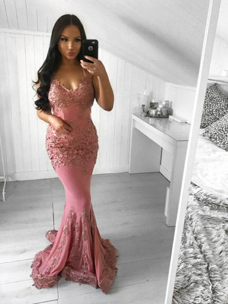 Spaghetti Straps Dark Pink Mermaid Evening Dresses Cheap V Neck Prom Dresses