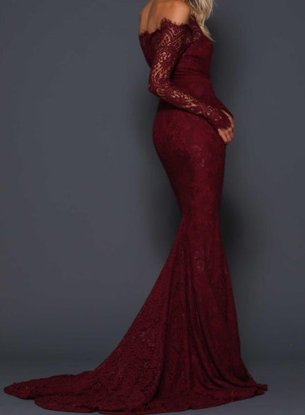 Lace Off the Soulder Long Sleeves Mermaid Sheath Prom Dresses Burgundy Evening Dresses
