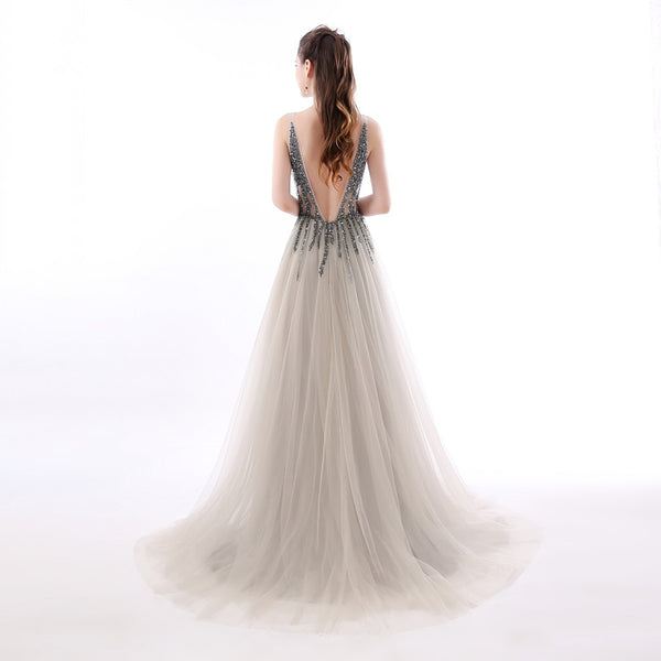 Cheap Deep V-Neck Side Split Prom Dresses Backless Beads Sweep Train Tulle Evening Dress