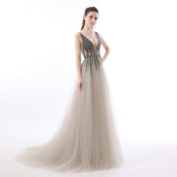 Cheap Deep V-Neck Side Split Prom Dresses Backless Beads Sweep Train Tulle Evening Dress