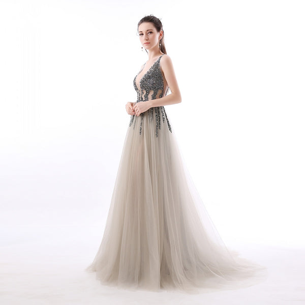 Cheap Deep V-Neck Side Split Prom Dresses Backless Beads Sweep Train Tulle Evening Dress