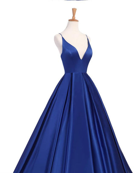 Spaghetti Strap Royal Blue Prom Dresses Satin Simple Party Dresses Open Back Evening Dresses