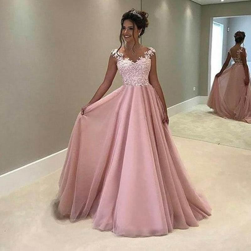 Elegant Pink A Line Prom Dresses V Neck Lace Long Party Gowns Appliques Evening Dress