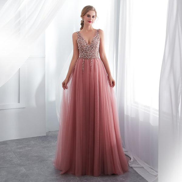 V neck Pink High Slit Prom Dresses Tulle Beading Sweep Train Sleeveless Evening Dress