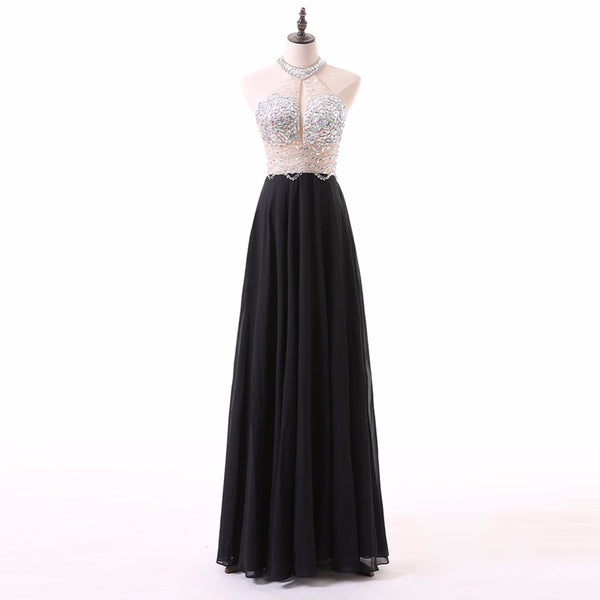 A Line Black Prom Dresses Long Halter Beaded Backless Sleeveless Evening Dress Online