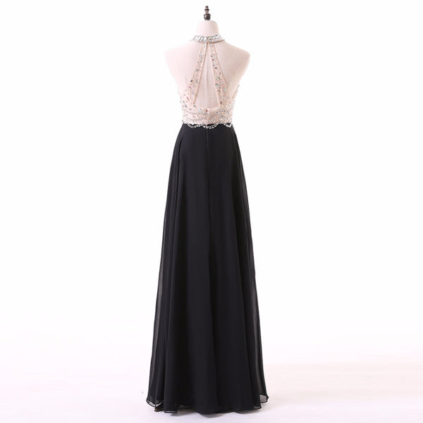 A Line Black Prom Dresses Long Halter Beaded Backless Sleeveless Evening Dress Online