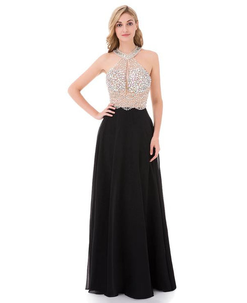 A Line Black Prom Dresses Long Halter Beaded Backless Sleeveless Evening Dress Online