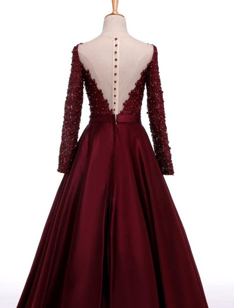Long Sleeves Deep V Neck A Line Prom Dresses Open Back Lace Evening Party Dress