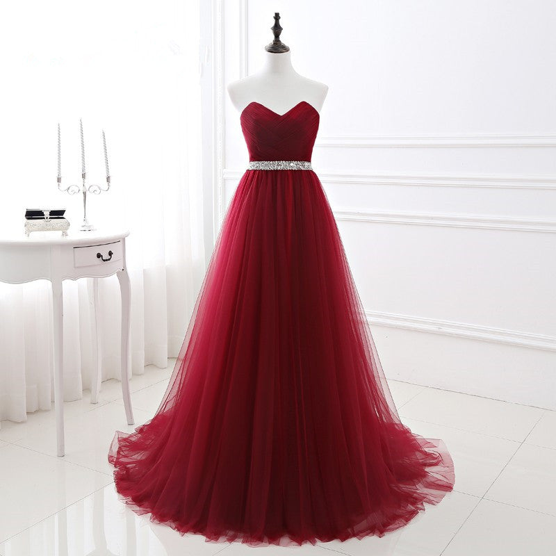 Burgundy A line Prom Dresses Tulle Floor length Long Sweetheart Evening Dress