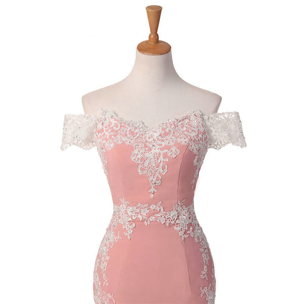 Elegant Mermaid Long Prom Dresses Pink Lace Appliques Off the Shoulder Evening Dresses