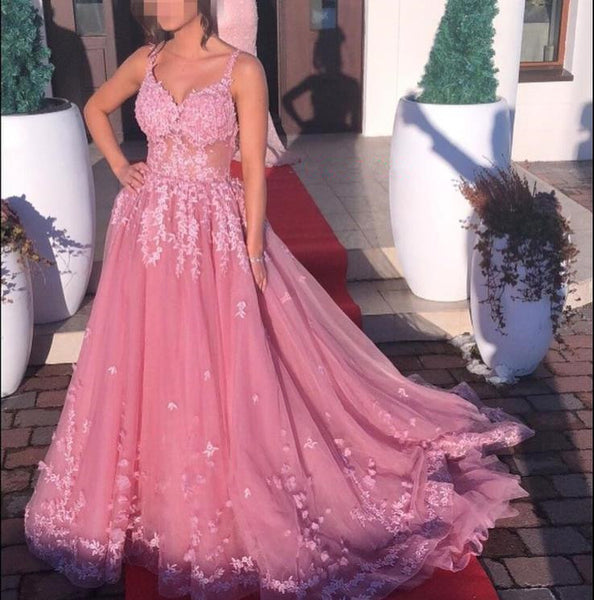 Blush A line Prom Dresses Backless Long Train Lace Appliques Evening Dress