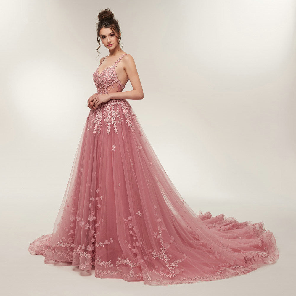Blush A line Prom Dresses Backless Long Train Lace Appliques Evening Dress