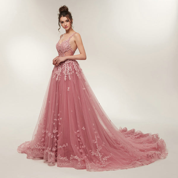 Blush A line Prom Dresses Backless Long Train Lace Appliques Evening Dress
