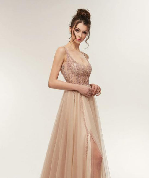 V Neck Heavy Beads Evening Gowns For Women Prom Dresses Champagne Evening Dresses