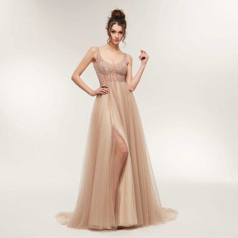 V Neck Heavy Beads Evening Gowns For Women Prom Dresses Champagne Even Hoprom V Neck Heavy Beads Evening Gowns For Women Prom Dresses Champagne Even Hoprom