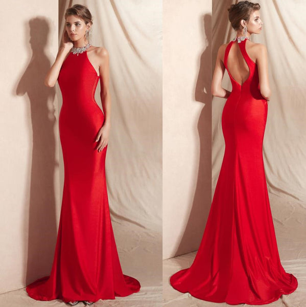 Bodycon Backless Halter Prom Dresses Sleeveless Evening Dress with Beads
