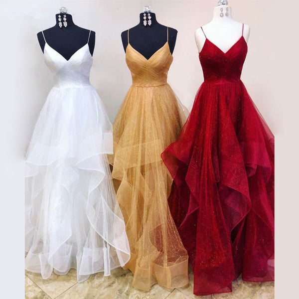 Affordable Spaghetti Straps V Neck Long Prom Dresses Tulle Party Dress