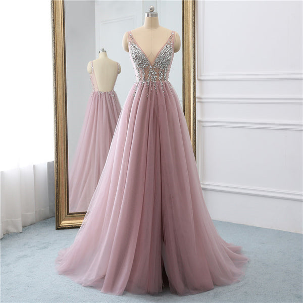 Tulle Long V Neckline A Line Prom Dresses Backless Sweep Train Beaded Evening Dress