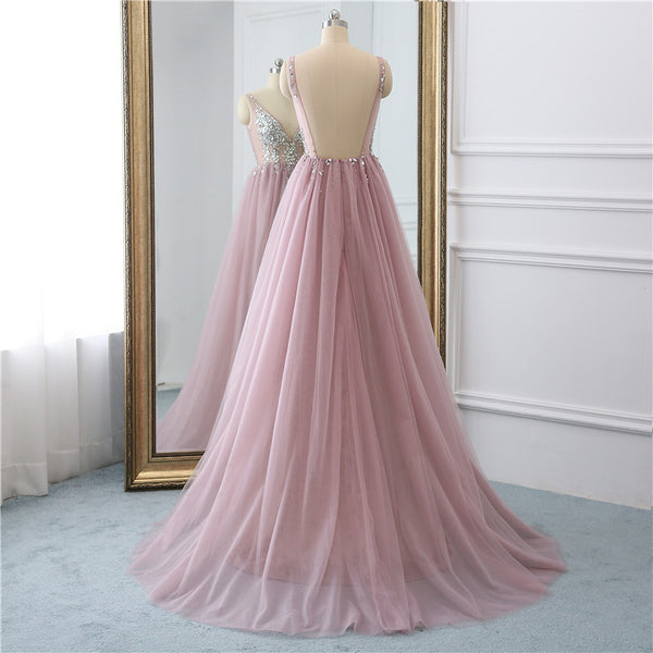 Tulle Long V Neckline A Line Prom Dresses Backless Sweep Train Beaded Evening Dress