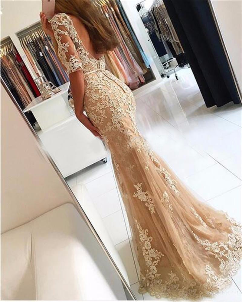 Champagne Lace Mermaid Prom Dresses 2020 Tulle Appliques Backless Even   Hoprom