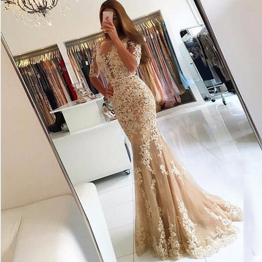 Champagne Lace Mermaid Prom Dresses 2020 Tulle Appliques Backless Even – Hoprom