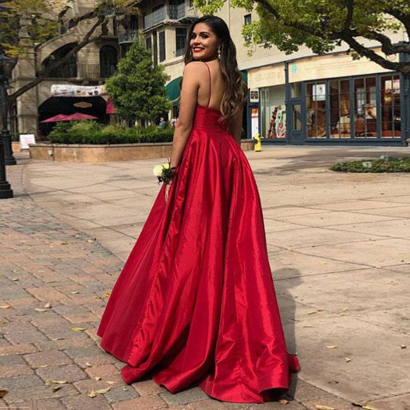 Spaghetti Straps Elegant V Neck Prom Dresses Open Back Satin Red Sleev Hoprom Spaghetti Straps Elegant V Neck Prom Dresses Open Back Satin Red Sleev Hoprom