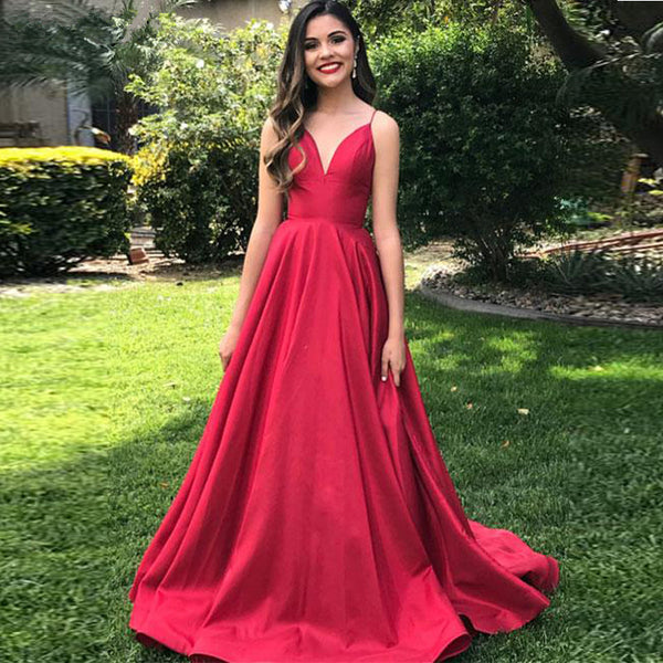 Spaghetti Straps Elegant V Neck Prom Dresses Open Back Satin Red Sleeveless Evening Dress
