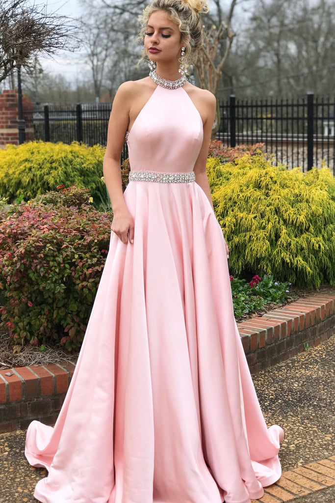 Backless Sleeveless Beaded Long Blush Prom Dresses Halter Neck Satin P Hoprom Backless Sleeveless Beaded Long Blush Prom Dresses Halter Neck Satin P Hoprom