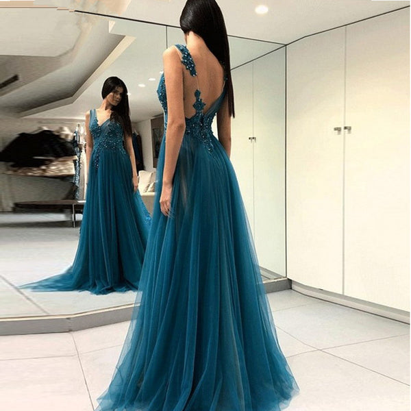 Tulle Appliqued Long Prom Dresses High Slit Backless Evening Dress for Women