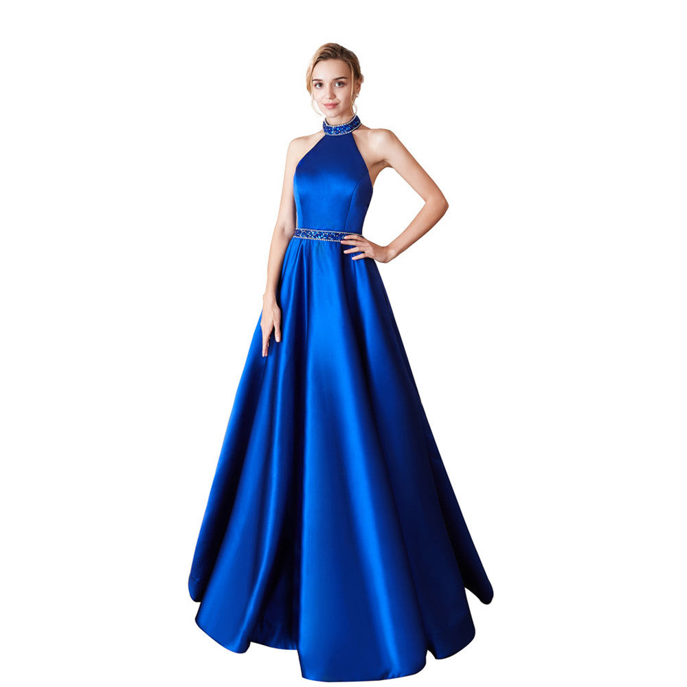 Halter Beaded Long A-line Satin Prom Dresses, PD0874