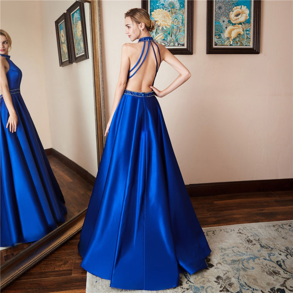 strapless open back dress Halter Sleeveless A Line Satin Prom Dresses Open Back Sequined Floor L –  Hoprom