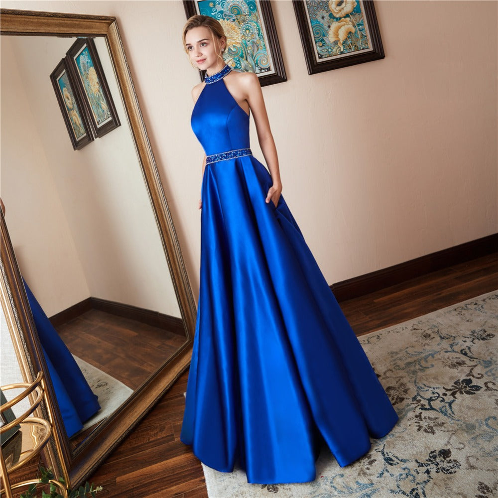 prom dresses open back Halter Sleeveless A Line Satin Prom Dresses Open Back Sequined Floor L – Hoprom